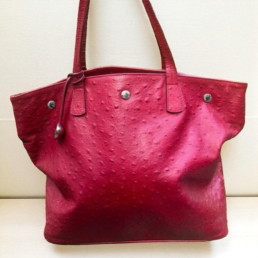 Furla Red Ostrich Leather Boho Shoulder Bag with silver hardware and Dust Bag